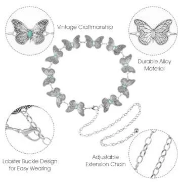 Amaxiu Butterfly Metal Waist Chain Belt, Women Western Belt Adjustable Link Belt Turquoise Waist Belt for Dress Jeans(Silver)