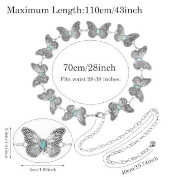 Amaxiu Butterfly Metal Waist Chain Belt, Women Western Belt Adjustable Link Belt Turquoise Waist Belt for Dress Jeans(Silver)