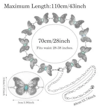 Amaxiu Butterfly Metal Waist Chain Belt, Women Western Belt Adjustable Link Belt Turquoise Waist Belt for Dress Jeans(Silver)