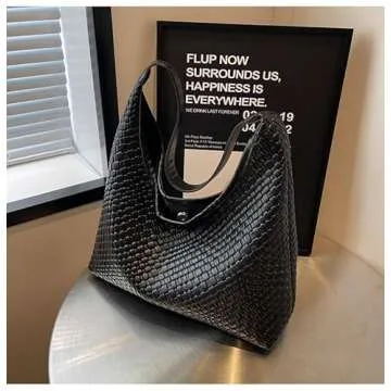 2024 Woven Leather Tote Bag for Women Top-handle Shoulder Bag, Hobo Bags Large Capacity Soft Vegan Crossbody Handbag Underarm (black)