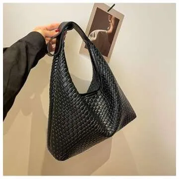 2024 Woven Leather Tote Bag for Women Top-handle Shoulder Bag, Hobo Bags Large Capacity Soft Vegan Crossbody Handbag Underarm (black)