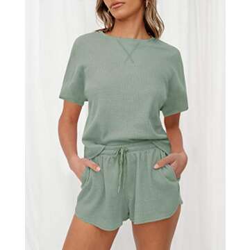 ZESICA Women's Waffle Knit Pajama Set Short Sleeve Top and Shorts Loungewear Athletic Tracksuits with Pockets Green