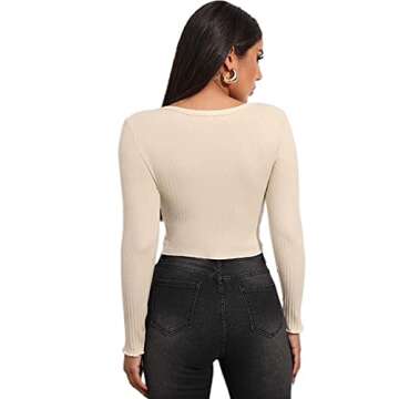 LYANER Women's Button Front V Neck Long Sleeve Slit Hem Ribbed Knit Crop T-Shirt Tee Top Beige Small