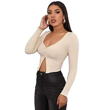 LYANER Women's Button Front V Neck Long Sleeve Slit Hem Ribbed Knit Crop T-Shirt Tee Top Beige Small