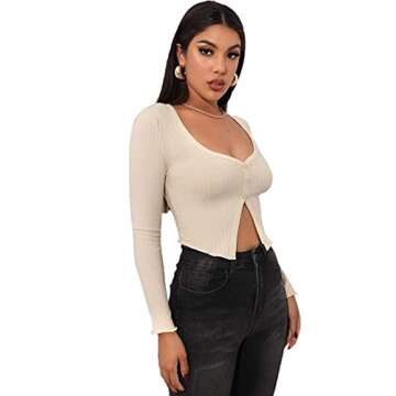 LYANER Women's Button Front V Neck Long Sleeve Slit Hem Ribbed Knit Crop T-Shirt Tee Top Beige Small