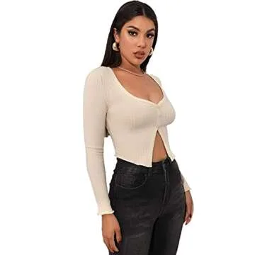 LYANER Women's Button Front V Neck Long Sleeve Slit Hem Ribbed Knit Crop T-Shirt Tee Top Beige Small