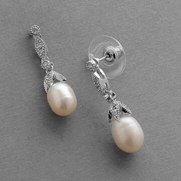 Mariell Cultured Freshwater Pearl Bridal Drop Earrings with Cubic Zirconia Crystals, Ivory Pearl Wedding Earring for Brides, Bridesmaids, Mother of the Bride and Everyday Wear
