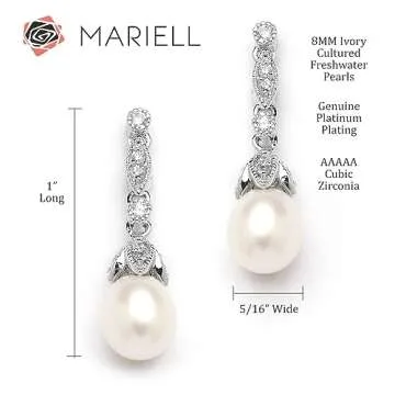 Mariell Cultured Freshwater Pearl Bridal Drop Earrings with Cubic Zirconia Crystals, Ivory Pearl Wedding Earring for Brides, Bridesmaids, Mother of the Bride and Everyday Wear