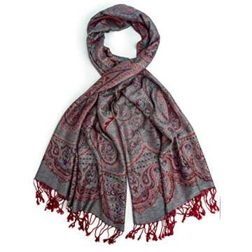 Paulette Scarf, Pashmina Paisley Traditional Jacquard Shawl - hand made in Nepal(Red)