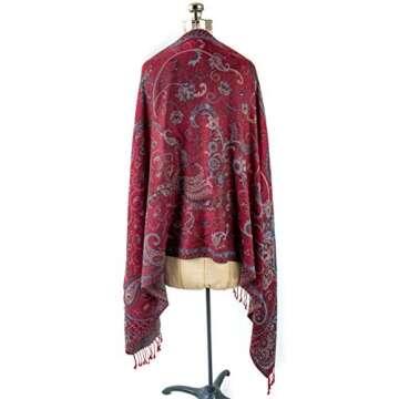 Paulette Scarf, Pashmina Paisley Traditional Jacquard Shawl - hand made in Nepal(Red)