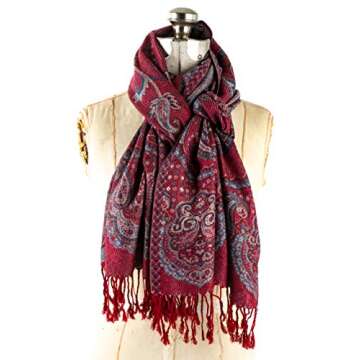 Paulette Scarf, Pashmina Paisley Traditional Jacquard Shawl - hand made in Nepal(Red)