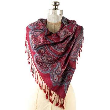 Paulette Scarf, Pashmina Paisley Traditional Jacquard Shawl - hand made in Nepal(Red)