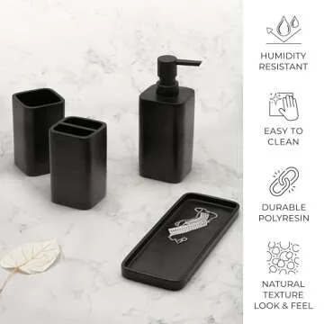 ZCCZ Matte Black Bathroom Accessory Sets, 4 Pieces Bathroom Accessories Complete Set Vanity Countertop Accessory Set, Includes Lotion Dispenser Soap Pump, Tumbler, Toothbrush Holder and Tray