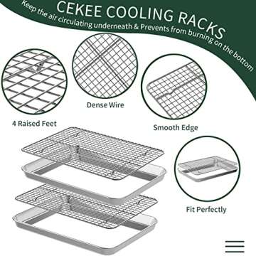 Small Baking Sheet with Rack Set [2 Small Cookie Sheets + 2 Small Baking Racks], CEKEE Stainless Steel Small Baking Pan and Grill Rack - Rust & Warp Resistant & Nonstick, Size 9.33 x 6.96 x 1 Inch