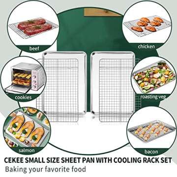 Small Baking Sheet with Rack Set [2 Small Cookie Sheets + 2 Small Baking Racks], CEKEE Stainless Steel Small Baking Pan and Grill Rack - Rust & Warp Resistant & Nonstick, Size 9.33 x 6.96 x 1 Inch