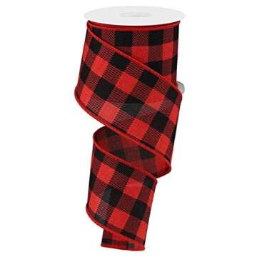 Plaid Check Wired Edge Ribbon - 10 Yards (Red, Black, 2.5")