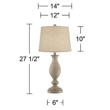Regency Hill Serena Traditional Country Cottage Table Lamps 27.5" Tall Set of 2 Beige Gray Faux Wood Cream Burlap Fabric Drum Shade for Living Room Bedroom House Bedside Nightstand Home