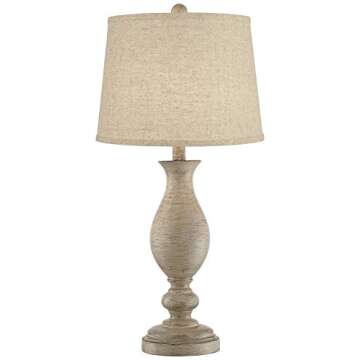 Regency Hill Serena Traditional Country Cottage Table Lamps 27.5" Tall Set of 2 Beige Gray Faux Wood Cream Burlap Fabric Drum Shade for Living Room Bedroom House Bedside Nightstand Home