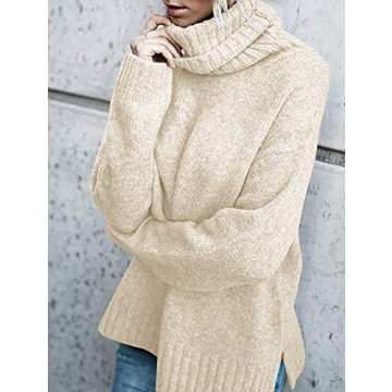 FISACE Womens Oversized Turtleneck Pullover Sweater Cable Knit Long Sleeve Sweater Tops A-Beige