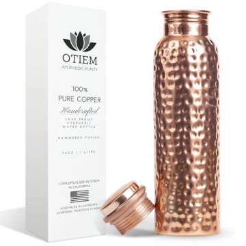Otiem 34oz Pure Copper Water Bottle for Drinking – Ayurvedic Hammered Copper Water Bottle, Leak Proof Lid – Large Handcrafted Copper Bottle Water Vessel – 100 Copper Drinking Water Bottle 34 Oz