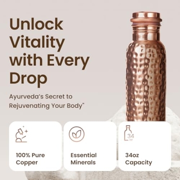 Otiem 34oz Pure Copper Water Bottle for Drinking – Ayurvedic Hammered Copper Water Bottle, Leak Proof Lid – Large Handcrafted Copper Bottle Water Vessel – 100 Copper Drinking Water Bottle 34 Oz