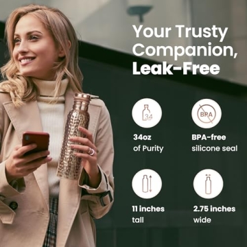 Otiem 34oz Pure Copper Water Bottle for Drinking – Ayurvedic Hammered Copper Water Bottle, Leak Proof Lid – Large Handcrafted Copper Bottle Water Vessel – 100 Copper Drinking Water Bottle 34 Oz