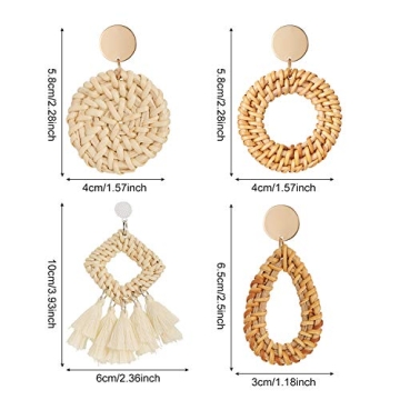 meekoo 4 Pairs Rattan Earrings for Women Beach Essentials Tassel Dangle Boho Straw Earrings (Stylish)
