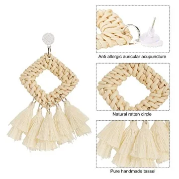 meekoo 4 Pairs Rattan Earrings for Women Beach Essentials Tassel Dangle Boho Straw Earrings (Stylish)