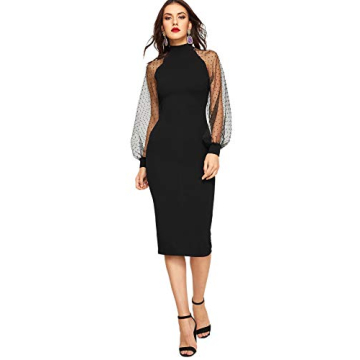 Romwe Women's Mock Neck Long Mesh Sleeve Zipper Back Sheath Dress