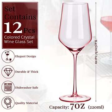 Set of 12 Colored Wine Glasses 12 oz Italian Style Tall Stemmed Colored Glassware Colorful Glass Goblet Classic Durable Stemware for Red or White Wine Water Margarita Home Dinging Bar Party, 6 Colors
