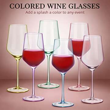 Set of 12 Colored Wine Glasses 12 oz Italian Style Tall Stemmed Colored Glassware Colorful Glass Goblet Classic Durable Stemware for Red or White Wine Water Margarita Home Dinging Bar Party, 6 Colors