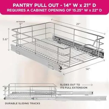 HOLDN’ STORAGE Heavy-Duty Premium Collection Pull Out Cabinet Organizer - Pantry Drawer Slide Out Caddy -Lifetime Limited Warranty - Basket Size 14" W x 21" D x 5" H, Anti-Rust Chrome Finish
