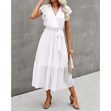 BTFBM Women Summer Bohemian Floral Casual Wrap V Neck Ruffle Cap Sleeveless Belt A-Line Pleated Hem Swing Midi Sun Dress (Swiss Dot White, m)