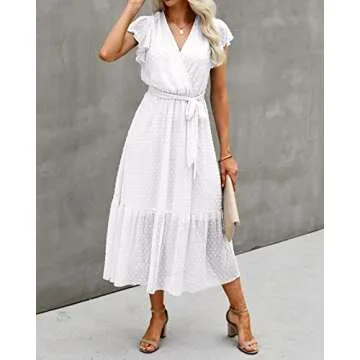 BTFBM Women Summer Bohemian Floral Casual Wrap V Neck Ruffle Cap Sleeveless Belt A-Line Pleated Hem Swing Midi Sun Dress (Swiss Dot White, m)