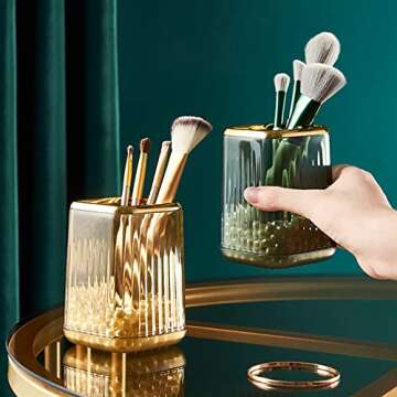 Makeup Brush Cup Holder Organizer for Vanity, Acrylic Vintage Green Make Up Brushes Holders Container Storage with Striped Design for Bathroom Countertop, Pen Pencil Holder Cosmetic Cup for Desk