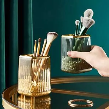 Makeup Brush Cup Holder Organizer for Vanity, Acrylic Vintage Green Make Up Brushes Holders Container Storage with Striped Design for Bathroom Countertop, Pen Pencil Holder Cosmetic Cup for Desk