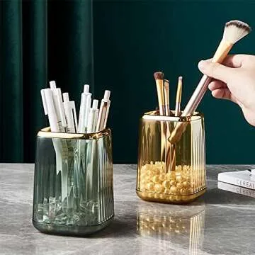 Makeup Brush Cup Holder Organizer for Vanity, Acrylic Vintage Green Make Up Brushes Holders Container Storage with Striped Design for Bathroom Countertop, Pen Pencil Holder Cosmetic Cup for Desk