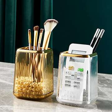 Makeup Brush Cup Holder Organizer for Vanity, Acrylic Vintage Green Make Up Brushes Holders Container Storage with Striped Design for Bathroom Countertop, Pen Pencil Holder Cosmetic Cup for Desk