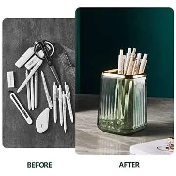 Makeup Brush Cup Holder Organizer for Vanity, Acrylic Vintage Green Make Up Brushes Holders Container Storage with Striped Design for Bathroom Countertop, Pen Pencil Holder Cosmetic Cup for Desk