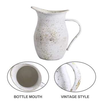 BIG FORTUNE Decorative Pitcher Vase Large Rustic Farmhouse Vase for Flowers Vintage Metal Milk Jug Vintage Decorative Pitcher Kitchen Decorations White