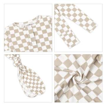 UPTON AVE Checkered Knotted Gown Baby Newborn, Viscose derived from Bamboo, Infant Sleeper Mittens, ...