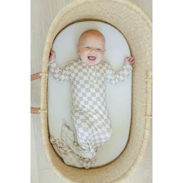 UPTON AVE Checkered Knotted Gown Baby Newborn, Viscose derived from Bamboo, Infant Sleeper Mittens, Baby Girl, Baby Boy, Soft Fabric