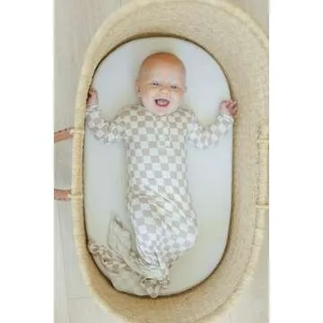 UPTON AVE Checkered Knotted Gown Baby Newborn, Viscose derived from Bamboo, Infant Sleeper Mittens, Baby Girl, Baby Boy, Soft Fabric