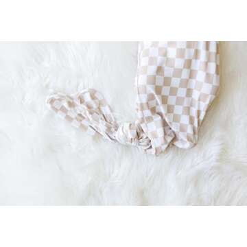 UPTON AVE Checkered Knotted Gown Baby Newborn, Viscose derived from Bamboo, Infant Sleeper Mittens, Baby Girl, Baby Boy, Soft Fabric