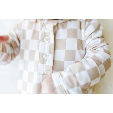 UPTON AVE Checkered Knotted Gown Baby Newborn, Viscose derived from Bamboo, Infant Sleeper Mittens, Baby Girl, Baby Boy, Soft Fabric