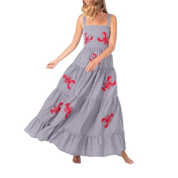 Yuemengxuan Women Cute Embroidered Maxi Dress Beach Dress Summer Boho Ruffle Long Dress Spaghetti St...