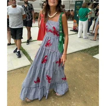 Yuemengxuan Women Cute Embroidered Maxi Dress Beach Dress Summer Boho Ruffle Long Dress Spaghetti Strap Flowy Maxi Dress (Grey, XL)