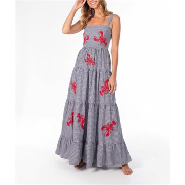 Yuemengxuan Women Cute Embroidered Maxi Dress Beach Dress Summer Boho Ruffle Long Dress Spaghetti Strap Flowy Maxi Dress (Grey, XL)