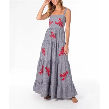 Yuemengxuan Women Cute Embroidered Maxi Dress Beach Dress Summer Boho Ruffle Long Dress Spaghetti Strap Flowy Maxi Dress (Grey, XL)