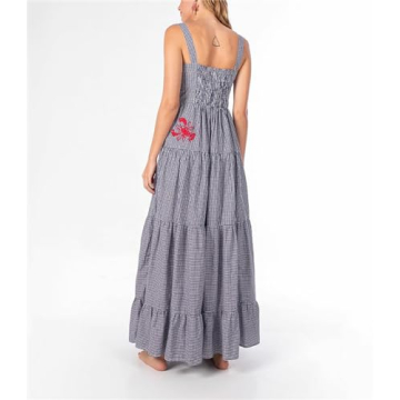 Yuemengxuan Women Cute Embroidered Maxi Dress Beach Dress Summer Boho Ruffle Long Dress Spaghetti Strap Flowy Maxi Dress (Grey, XL)